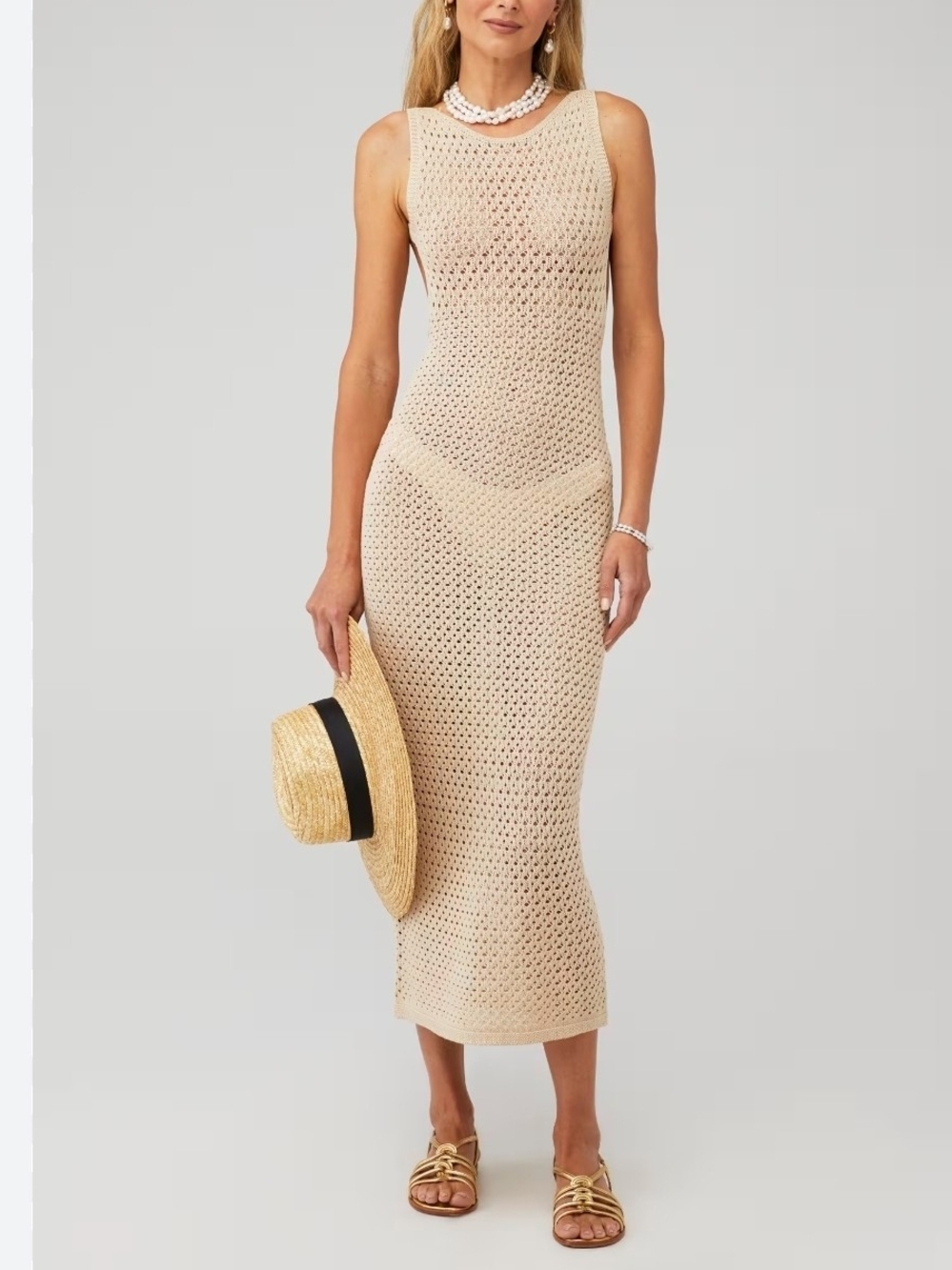 Astr Aitana DressSleeveless Crochet Cover Dress in Beige Size S